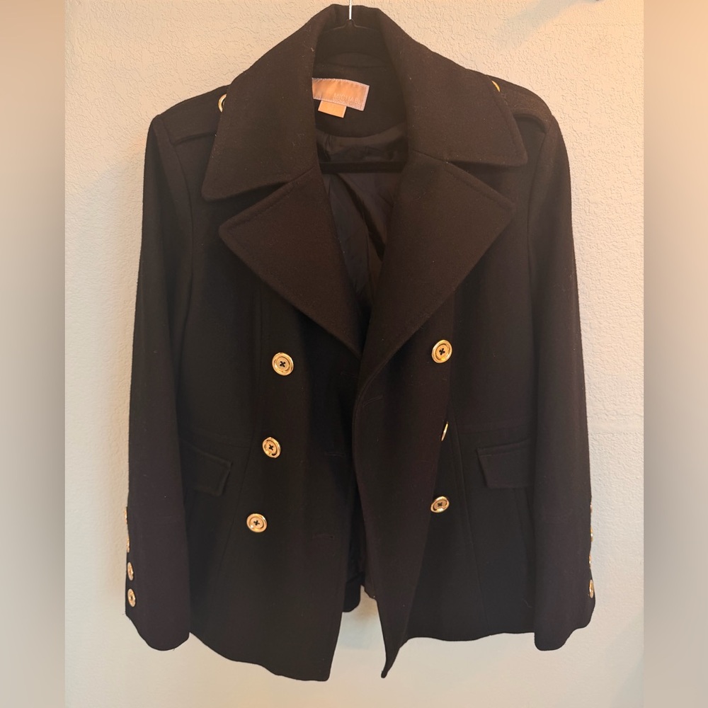 MICHAEL Michael Kors Black Pea Coat with Gold Buttons